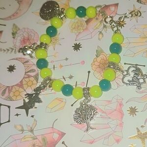 Green and Yellow Beaded Charm Bracelet